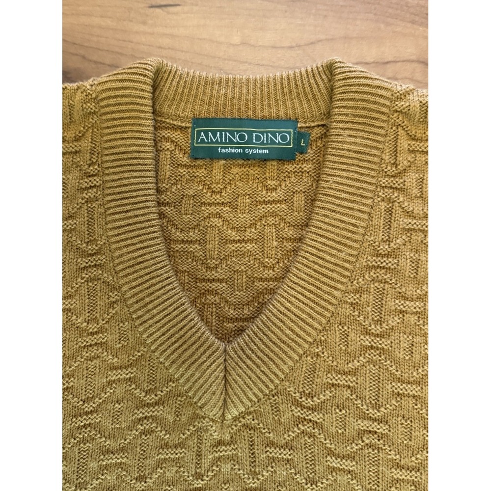Amino Dino Textured Knit V-Neck Sweater LS Mustard Yellow Men's Size Large L - Picture 3 of 11